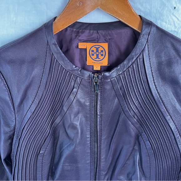 Tory Burch Leather Jacket Women Size 6 Oxblood Burgundy Zip Cropped Moto Coat - Picture 6 of 16
